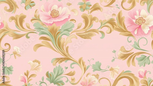 Elegant Vintage Floral Pattern on Pastel Pink Background with Ornamental Baroque Swirls and Roses