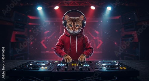 Cat DJ in Red Hoodie Behind Mixing Console in Dark Club Setting