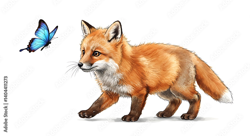 Obraz premium A baby fox playing with a butterfly, ink and watercolor illustration, soft focus, delicate details, white background 