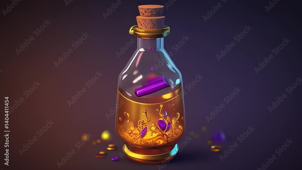 A mystical potion bottle filled with glowing liquid and gemstones, set against a dark backdrop A mystical potion bottle filled with glowing liquid and gemstones, set against a dark backdrop