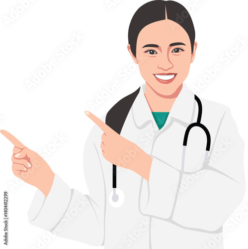 Young doctor with stethoscope pointing to the left