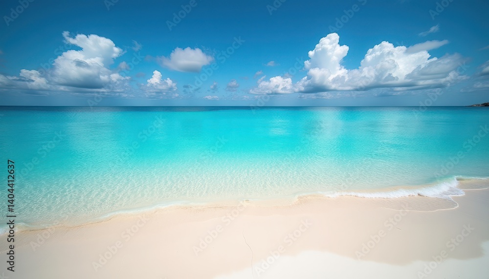 Fototapeta premium A breathtaking tropical beach scene featuring crystal-clear turquoise waters meeting a pristine white sandy shore. The calm ocean stretches to the horizon, where it meets a vibrant blue sky.