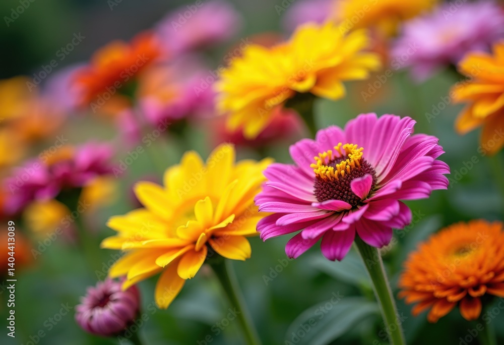 Obraz premium A vibrant and colorful close-up image of a flower garden featuring pink zinnias and yellow marigolds in full bloom. The flowers are shown in sharp focus, highlighting their delicate petals.