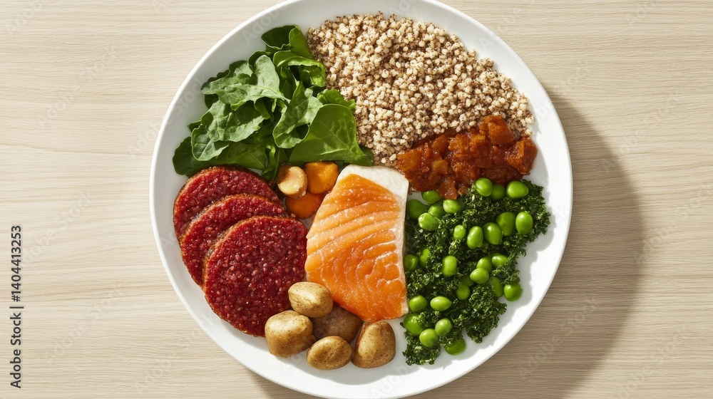 Balanced diet meal plate overhead view with precise portions: 50% greens, 25% grains and 25% protein on wood table