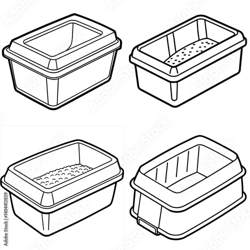 Isometric line art illustration of four different litter box designs side by side vector silhouette line art Generative AII