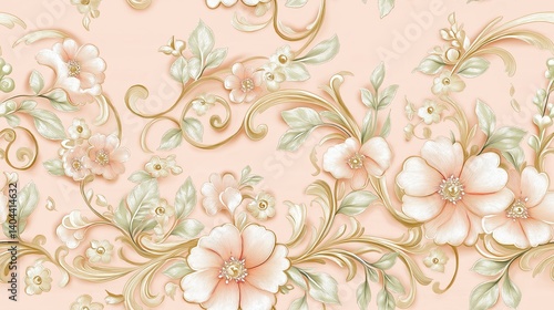 Seamless Floral Pattern with Cream and Peach Flowers – Vintage Botanical Design on Soft Pastel Background with Elegant Swirls