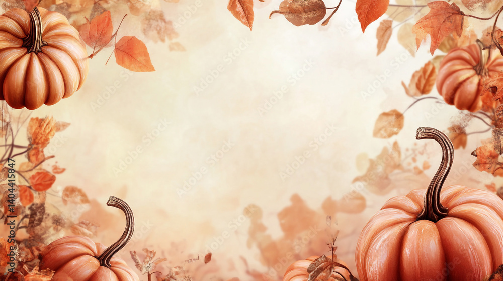 Fototapeta premium Autumnal Background Pumpkins, Fall Leaves, Thanksgiving Design, Fall Harvest