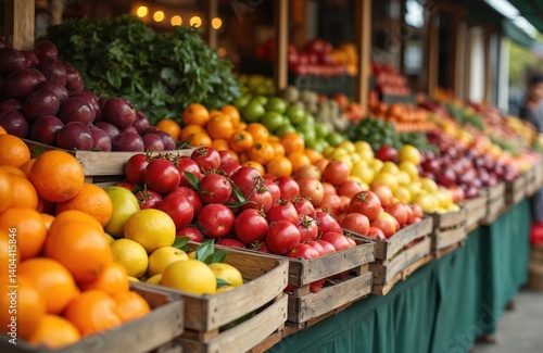 Market stall displays fresh colorful fruits vegetables in wooden boxes. Oranges, tomatoes, lemons, plums, apples, other produce. Healthy organic food background.