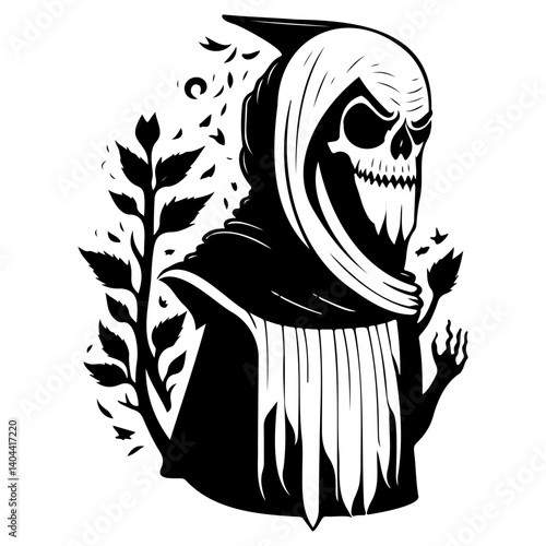 Grim Reaper Black and White Vector Silhouette Art