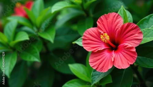 Bold tropical hibiscus blooms, lush green leaves, vibrant color , bright, colorful