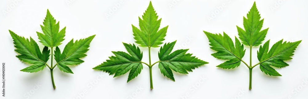 Three nettle branches on white background. Green leaves, fresh foliage close-up. Nature herbal medicine ingredient. Plant detail, wild herbs. Ideal illustration for eco, health, food, beauty,