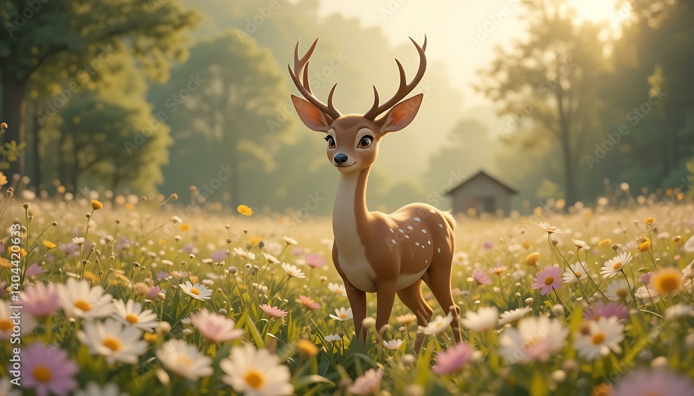 Adorable Cartoon Deer in Sunny Wildflower Meadow Adorable Cartoon Deer in Sunny Wildflower Meadow