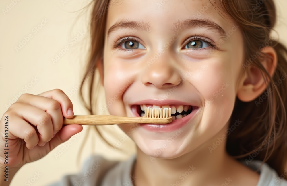 Cheerful little girl brushing teeth with eco-friendly bamboo toothbrush. Happy child smiles, showing healthy white teeth. Dental hygiene concept for children. Morning oral care routine. Sustainable, Cheerful little girl brushing teeth with eco-friendly bamboo toothbrush. Happy child smiles, showing healthy white teeth. Dental hygiene concept for children. Morning oral care routine. Sustainable,