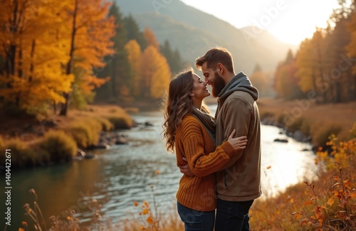 Romantic couple embraces in autumn forest near river, mountains. Man, woman enjoy travel, hiking, vacation together, feeling love, happiness. Golden leaves, sunshine create inspiring mood, joyful photo