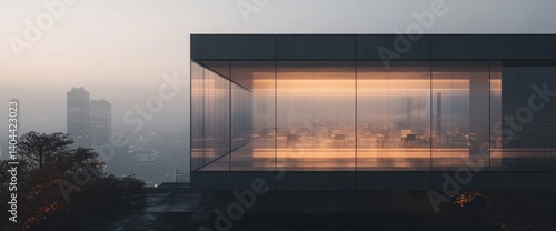 Modern Glass Pavilion Overlooking Cityscape at Dawn