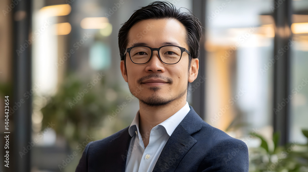 Stylish Professional: A confident businessman of Asian descent, dressed in a smart blazer and eyeglasses, radiates success and expertise within a contemporary setting. Stylish Professional: A confident businessman of Asian descent, dressed in a smart blazer and eyeglasses, radiates success and expertise within a contemporary setting.
