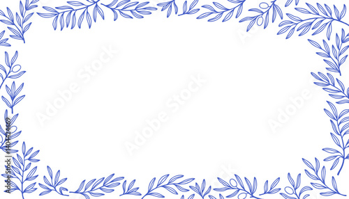 Branch rectangular border banner. Leaves and branches rectangular frame floral ornament. Line pattern background. Mediterranean blue outline stroke. Vector line.