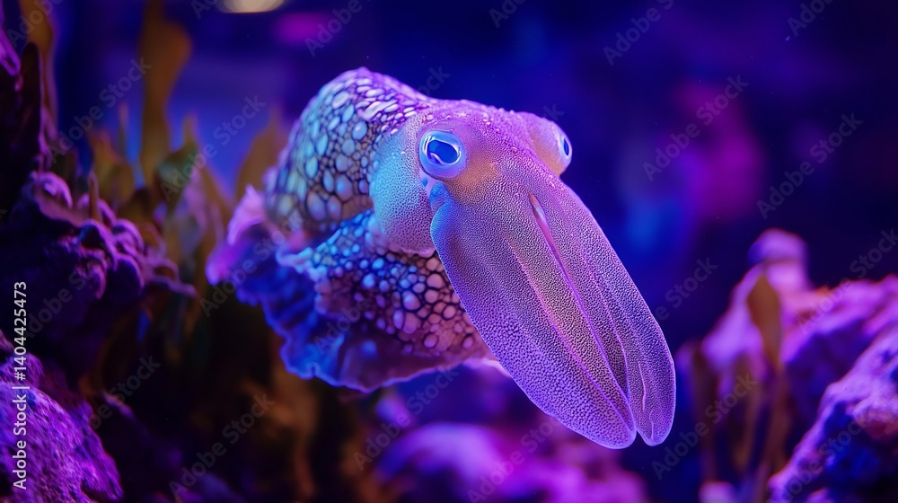 Fototapeta premium Vibrant Cuttlefish in Aquarium – Close-Up of Colorful Marine Creature Under Purple and Blue Lighting