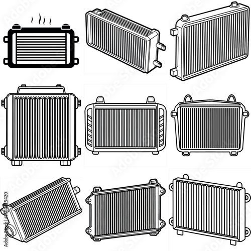 Automotive Intercoolers and Radiators with Different Shapes and Designs for Engine Cooling vector silhouette line art Generative AI