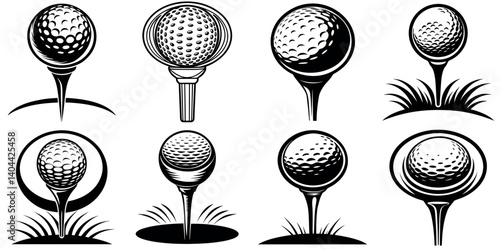 Vector Graphic Collection of Golf Balls on Tees in Various Styles vector silhouette line art Generative AI