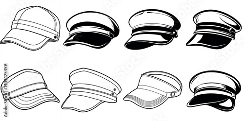 Vector illustration of a set of caps and hats in monochrome style vector silhouette line art Generative AI