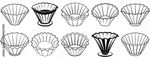Monochrome illustration featuring an array of different coffee filter designs in rows vector silhouette line art Generative AI