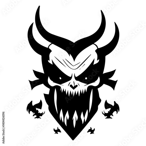 Monochrome Illustration of a horned Demon Head