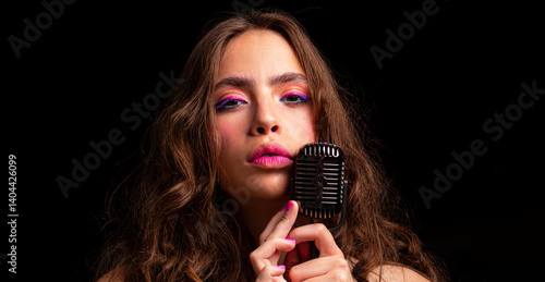 Obraz na płótnie Karaoke woman. Girl singer with microphone. Sensual vintage girl singer. Concert sing. w salonie