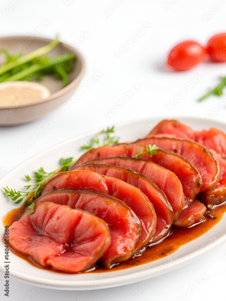 Fresh marinated beef slices on a plate on white background