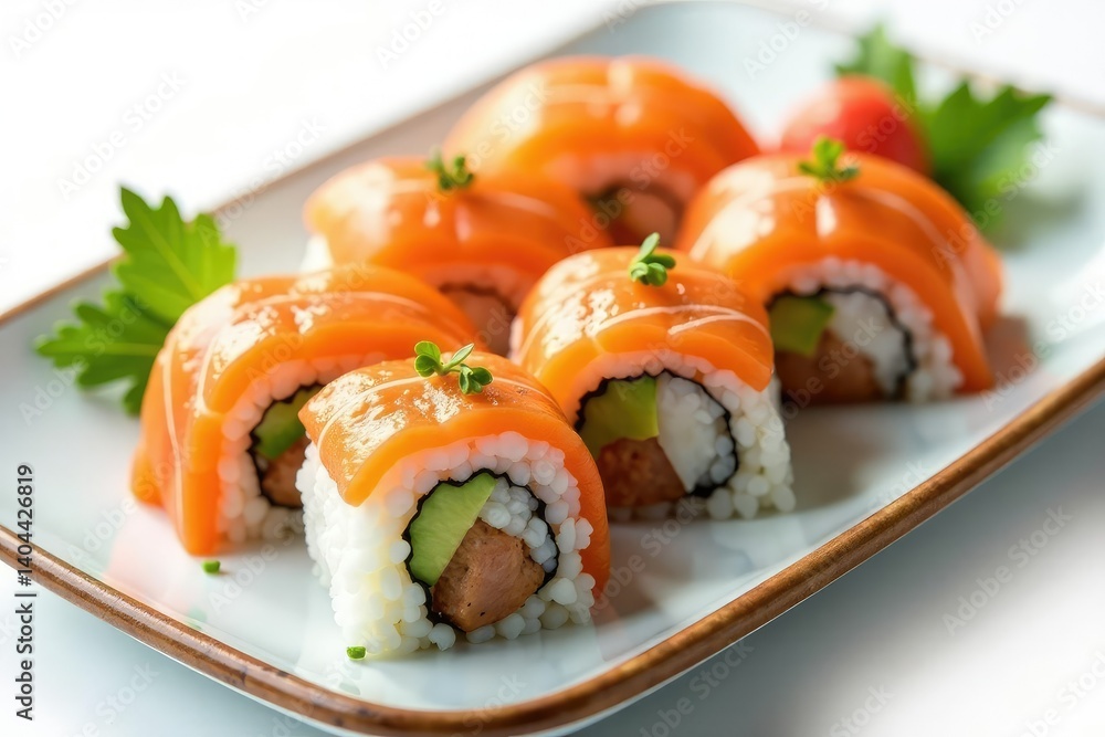Beautifully arranged sushi on white background, ramen, cuisine, fish Beautifully arranged sushi on white background, ramen, cuisine, fish