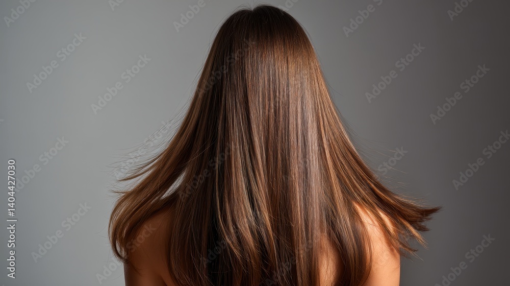 Fototapeta premium Beautiful model girl with Brown hair strand,silky healthy chestnut wavy hair strand,hair wavy ribbon, with smooth,Keratin straightening,Treatment,straight long hair,procedures,Smooth hairstyle.