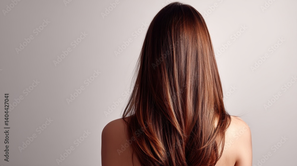 Naklejka premium Beautiful model girl with Brown hair strand,silky healthy chestnut wavy hair strand,hair wavy ribbon, with smooth,Keratin straightening,Treatment,straight long hair,procedures,Smooth hairstyle.