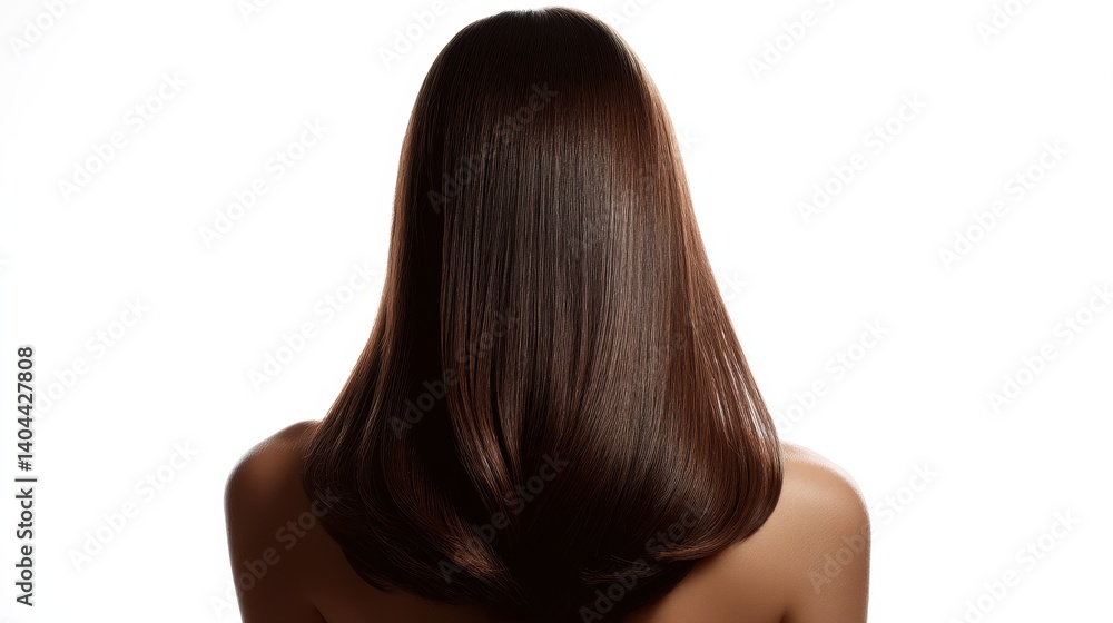 Naklejka premium Beautiful model girl with Brown hair strand,silky healthy chestnut wavy hair strand,hair wavy ribbon, with smooth,Keratin straightening,Treatment,straight long hair,procedures,Smooth hairstyle.