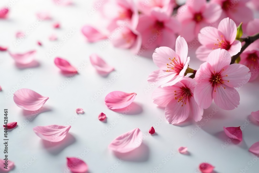 Delicate pink cherry blossoms, scattered petals on soft background, art, botanical Delicate pink cherry blossoms, scattered petals on soft background, art, botanical