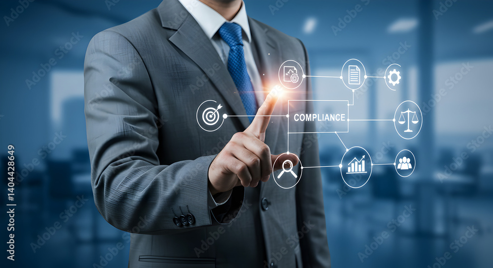Obraz premium Businessman in Gray Suit Touching Virtual Interface with Futuristic Technology in Blue Toned Office Environment