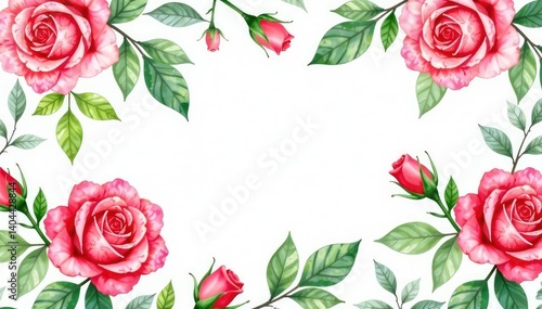 Delicate watercolor roses & leaves, repeating pattern, pink, pattern