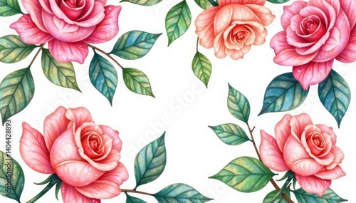 Delicate watercolor roses & leaves, repeating seamlessly , background pattern, nature, summer