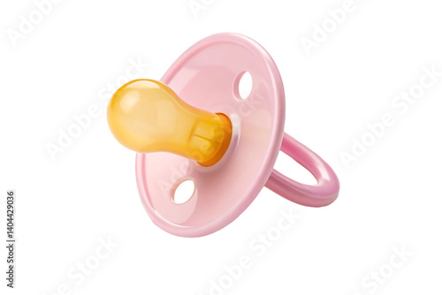 Adorable Pink Baby Pacifier with Yellow Nipple – Perfect for Newborns and Infants  isolated on white background.  Pink Baby Pacifier illustration on white