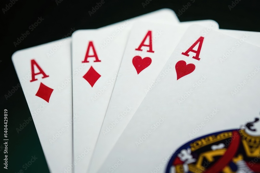 Four aces fanned out, showing intricate details of each card , detail, four of a kind, poker Four aces fanned out, showing intricate details of each card , detail, four of a kind, poker