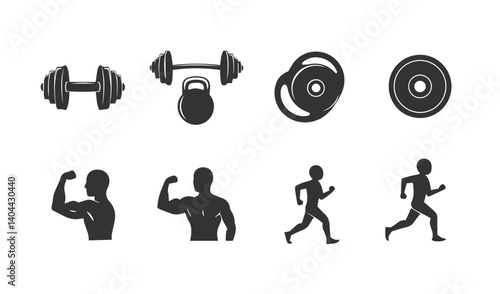 Workout silhouettes featuring iconic fitness equipment and athletic human movements perfect for sporty design themes

