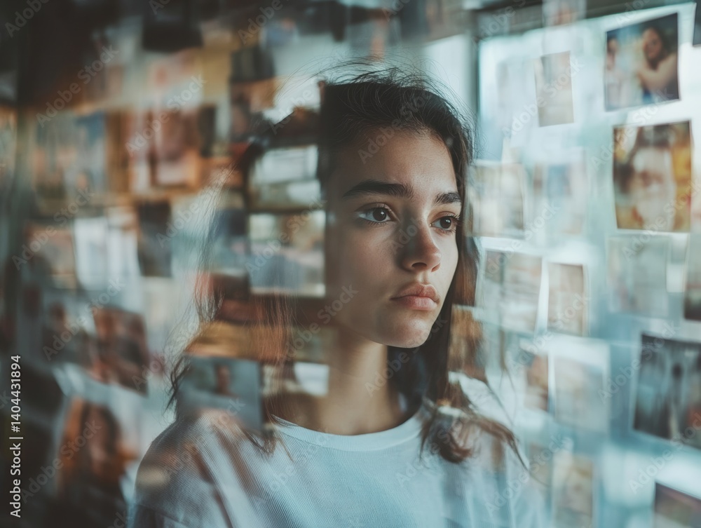 Conceptual portrait of a young person sitting with fashion magazine clippings and a bathroom scale, highlighting body image anxiety, media pressure, and adolescent vulnerability