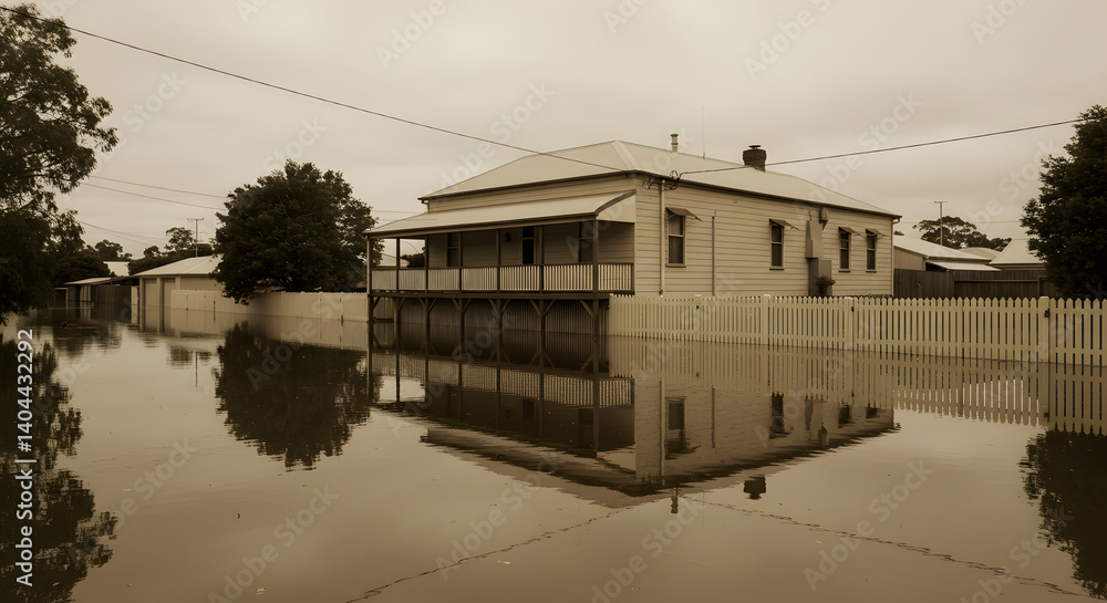 Submerged House in Deep Flood Water Disaster After Heavy Storm With Reflection Trees and Sepia Tone Submerged House in Deep Flood Water Disaster After Heavy Storm With Reflection Trees and Sepia Tone