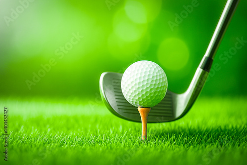 Close-Up of Golf Club and Ball on Tee Ready for Swing on Vibrant Green Grass with Bright Natural Background