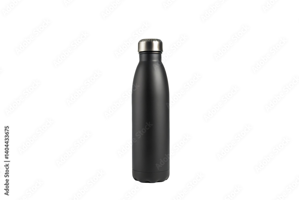 Sleek Black Stainless Steel Water Bottle with Silver Cap isolated on white background. Sleek Black Stainless Steel Water Bottle with Silver Cap isolated on white background.