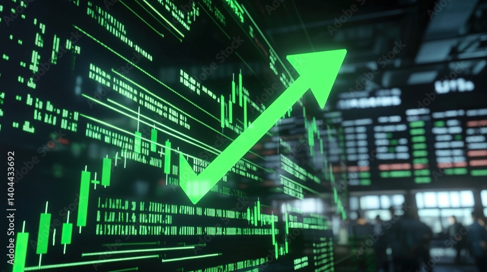 Stock market growth concept with upward green arrow on digital trading screen, surrounded by stock numbers, green indicators, and rising arrows symbolizing financial success and economic optimism Stock market growth concept with upward green arrow on digital trading screen, surrounded by stock numbers, green indicators, and rising arrows symbolizing financial success and economic optimism