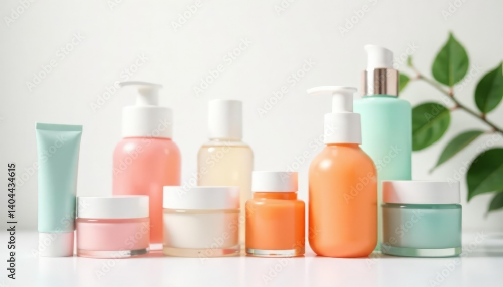 Various cosmetic containers arranged artfully on white backdrop, eyeshadow, powder Various cosmetic containers arranged artfully on white backdrop, eyeshadow, powder