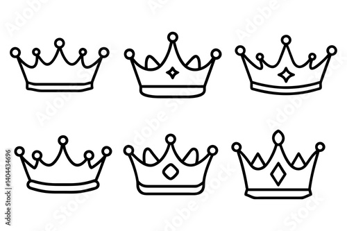 Set of six simple crown icon with geometric diamond detail