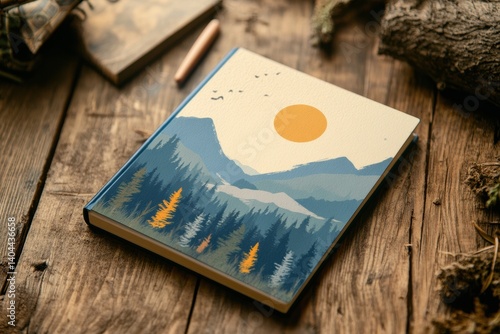 Creative notebook featuring layered mountain forest illustration with eco design ideal for nature enthusiasts and artists