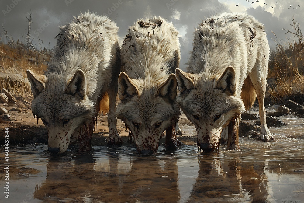Group of three dire wolves drinking water at a riverbank realistic fur muddy paws Group of three dire wolves drinking water at a riverbank realistic fur muddy paws