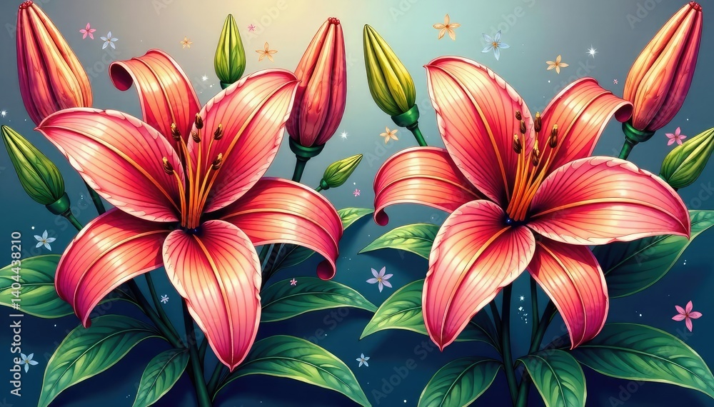 Fototapeta premium Intricate line art lilies & buds, continuous design, seamless, graphic